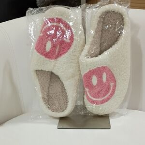 Cozy Cream Slippers with Pink Smiley Face